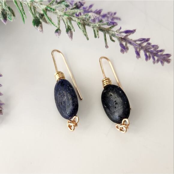 Blue Sodalite Stone Gold Wire Dangle Earrings / Minimalist Boho Style Earrings - Picture 3 of 11